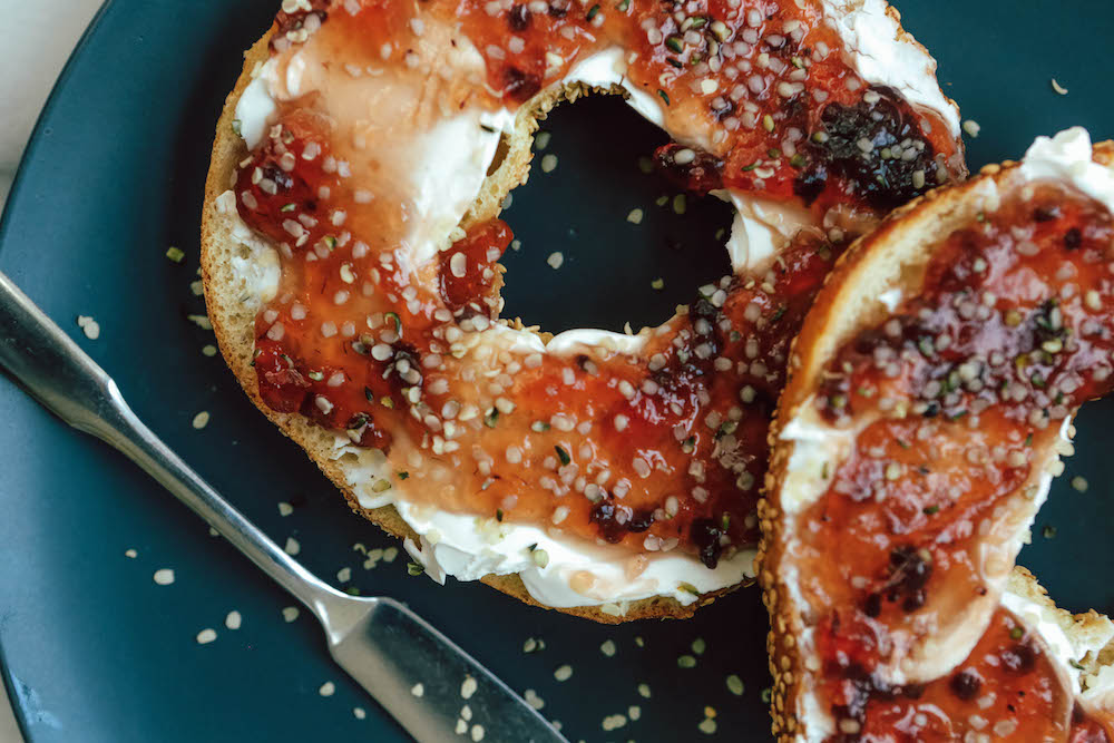 Whole Wheat Bagel with Cream 'Cheese,' Jam & Hemp Seeds ChooseVeg