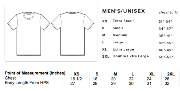 Sizing chart for 'Love & Hope' Jersey Tank
